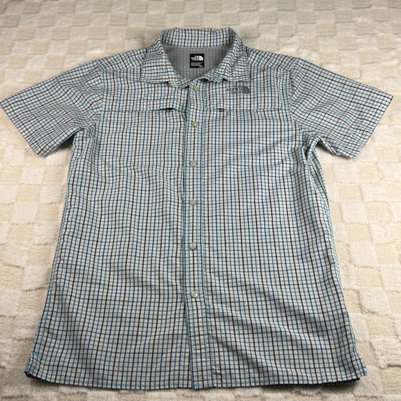 The North Face Men's Button Up Short Sleeve Blue/White Plaid Vented Shirt Small - Picture 1 of 12